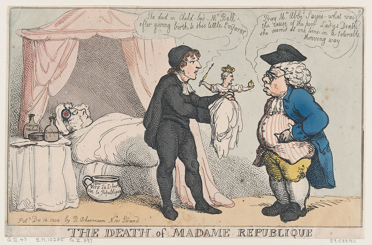 The Death of Madame Republique, Thomas Rowlandson (British, London 1757–1827 London), Hand-colored etching 