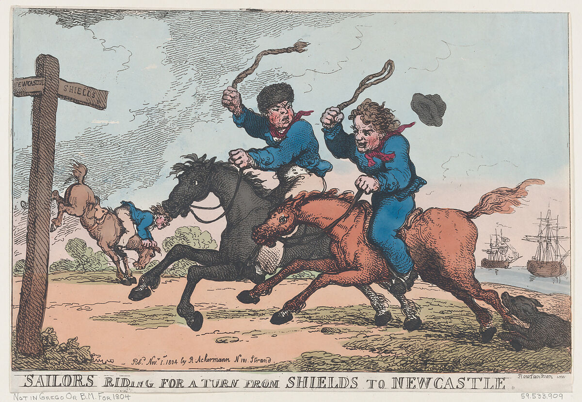 Sailors Riding For A Turn From Shields to Newcastle, Thomas Rowlandson (British, London 1757–1827 London), Hand-colored etching 
