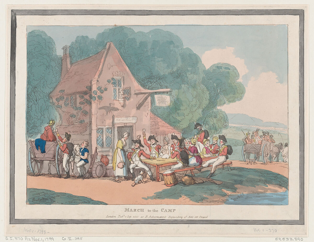 March to the Camp, Thomas Rowlandson (British, London 1757–1827 London), Hand-colored etching 