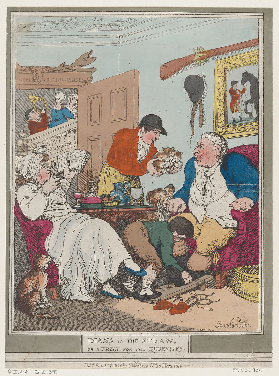 Diana in the Straw, or A Treat for Quornites, Thomas Rowlandson (British, London 1757–1827 London), Hand-colored etching 