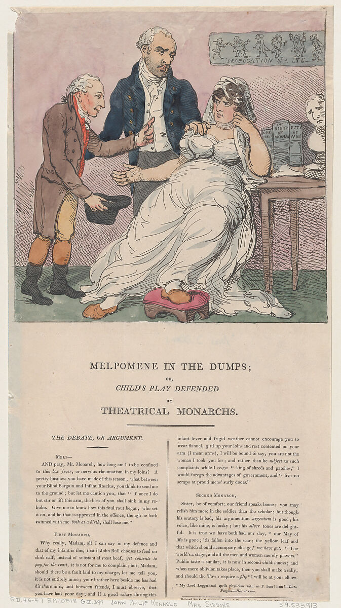 Melpomene in the Dumps, or Child's Play Defended by Theatrical Monarchs, Thomas Rowlandson (British, London 1757–1827 London), Hand-colored etching 