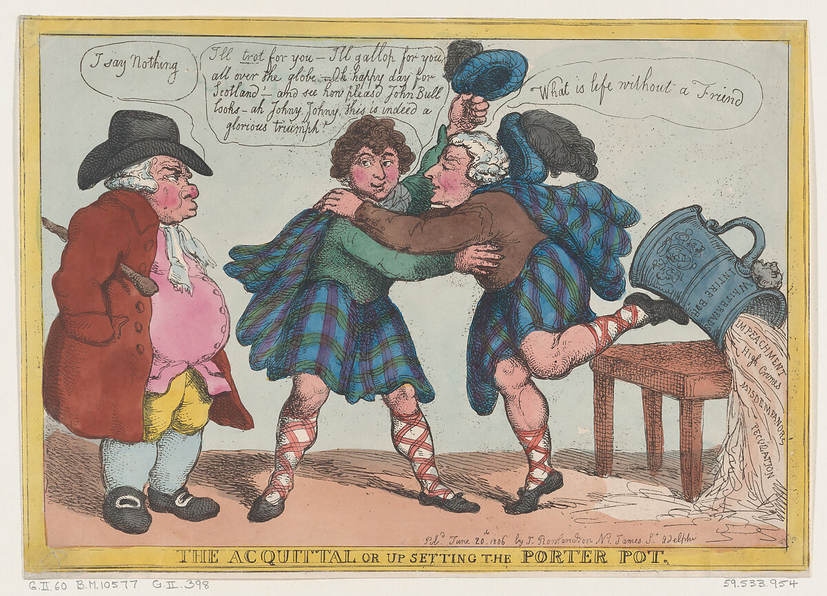 The Acquittal, or Upsetting the Porter Pot, Thomas Rowlandson (British, London 1757–1827 London), Hand-colored etching 