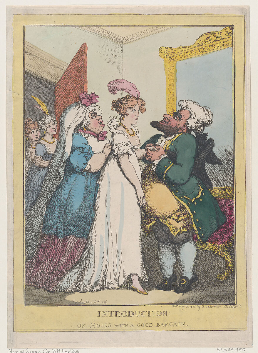 Introduction, or Moses with a Good Bargain, Thomas Rowlandson (British, London 1757–1827 London), Hand-colored etching 