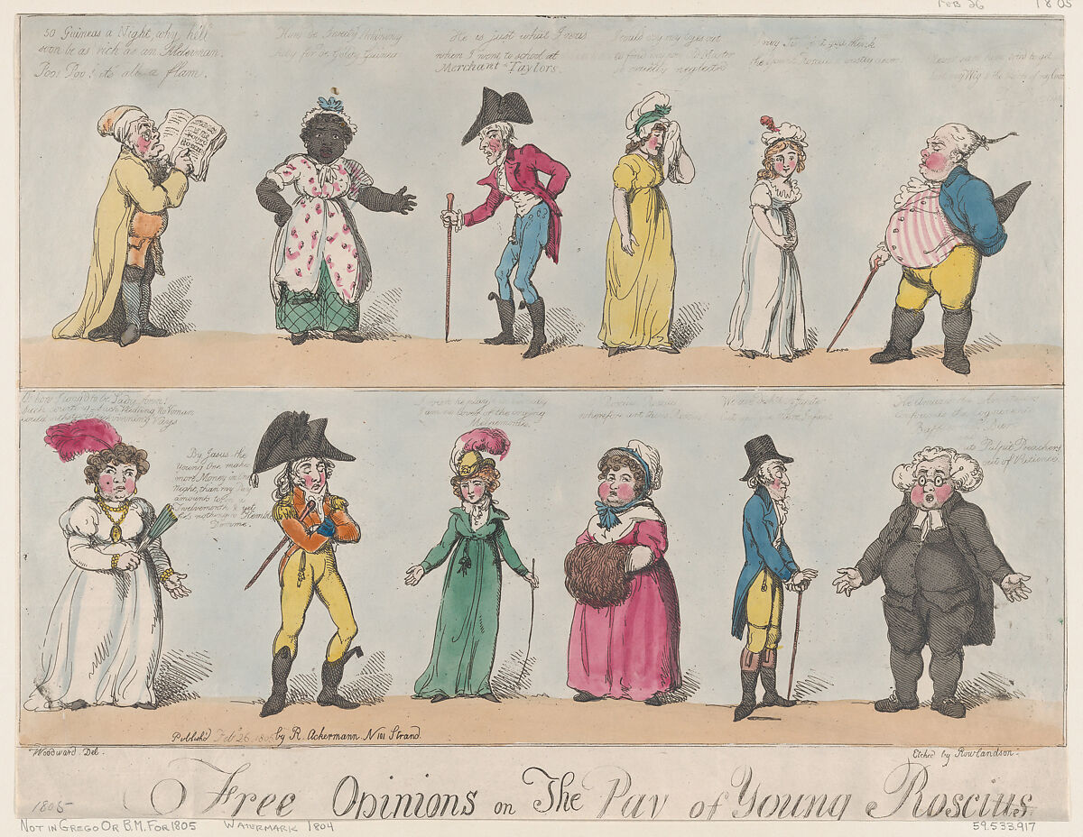 Free Opinions on The Pay of Young Roscius, Thomas Rowlandson (British, London 1757–1827 London), Hand-colored etching 