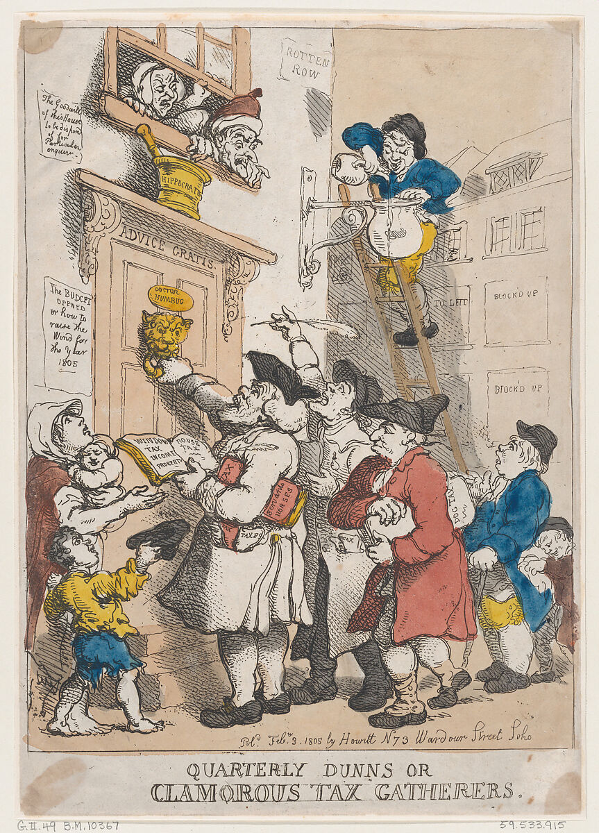Quarterly Dunns, or Clamorous Tax Gatherers, Thomas Rowlandson (British, London 1757–1827 London), Hand-colored etching 