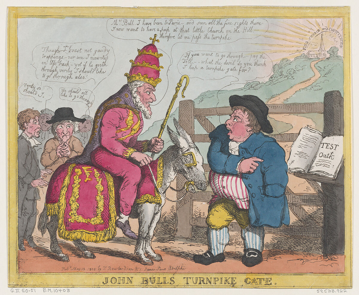John Bull's Turnpike Gate, Thomas Rowlandson (British, London 1757–1827 London), Hand-colored etching 