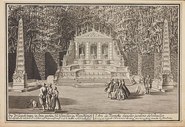 New Maps of the Town, Palace, and Gardens of Versailles, Franz Anton Danreiter (Salzburg, ca. 1695–1760), Graphite, pen and black ink, gray wash, watercolor on ribbed paper with watermark; decorated cardboard and paper at bottom board; remains of gilding on edges 