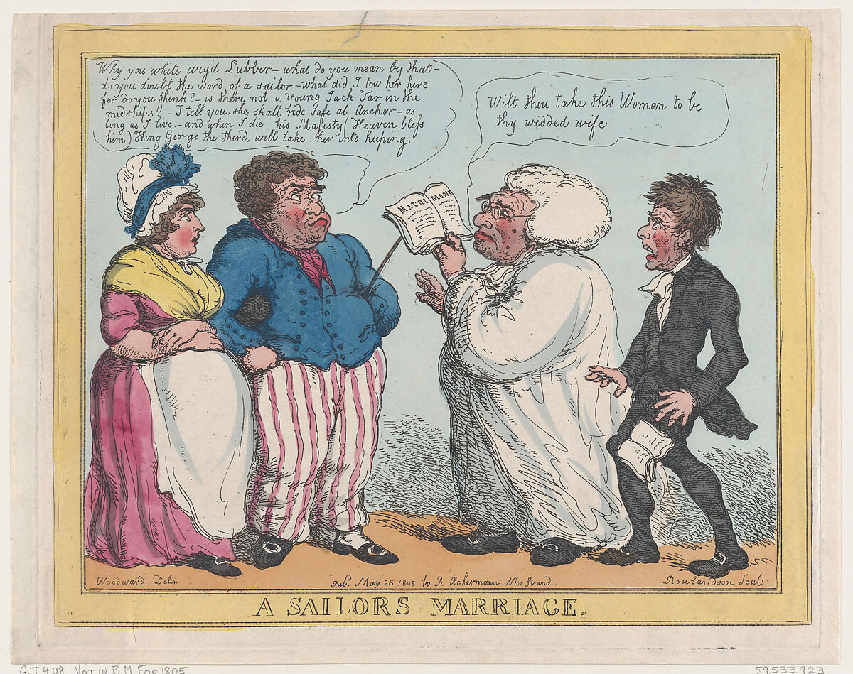 A Sailor's Marriage, Thomas Rowlandson (British, London 1757–1827 London), Hand-colored etching 