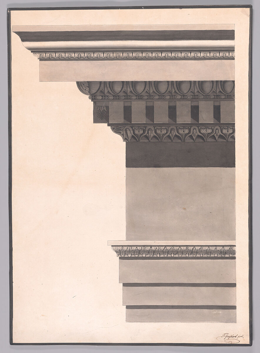Architectural Study of Classical Entablature, F. or T. Grossbach (Central European, active 19th century), Pen and black ink with gray wash over black chalk 