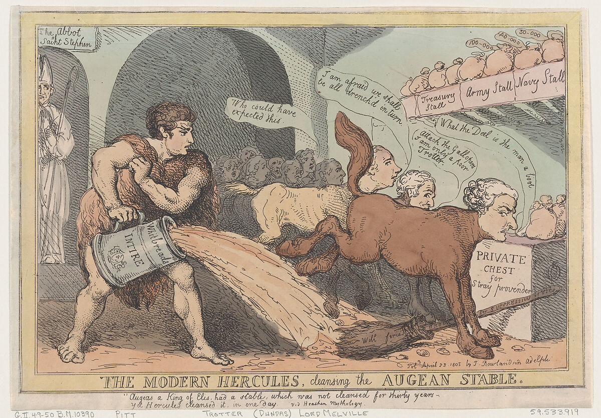 The Modern Hercules, Cleansing the Augean Stable, Thomas Rowlandson (British, London 1757–1827 London), Hand-colored etching 