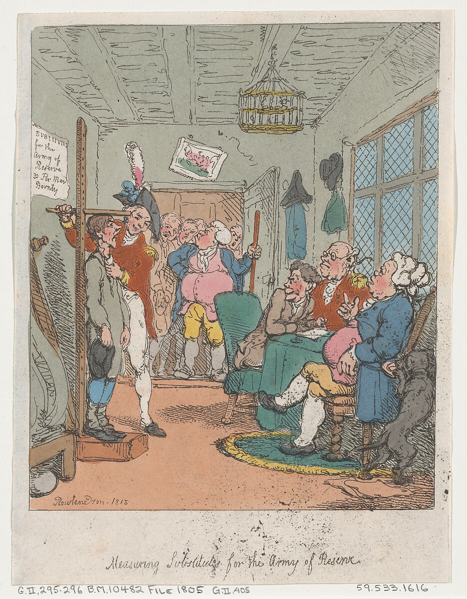 Measuring Substitutes for the Army of Reserve, Thomas Rowlandson (British, London 1757–1827 London), Hand-colored etching 