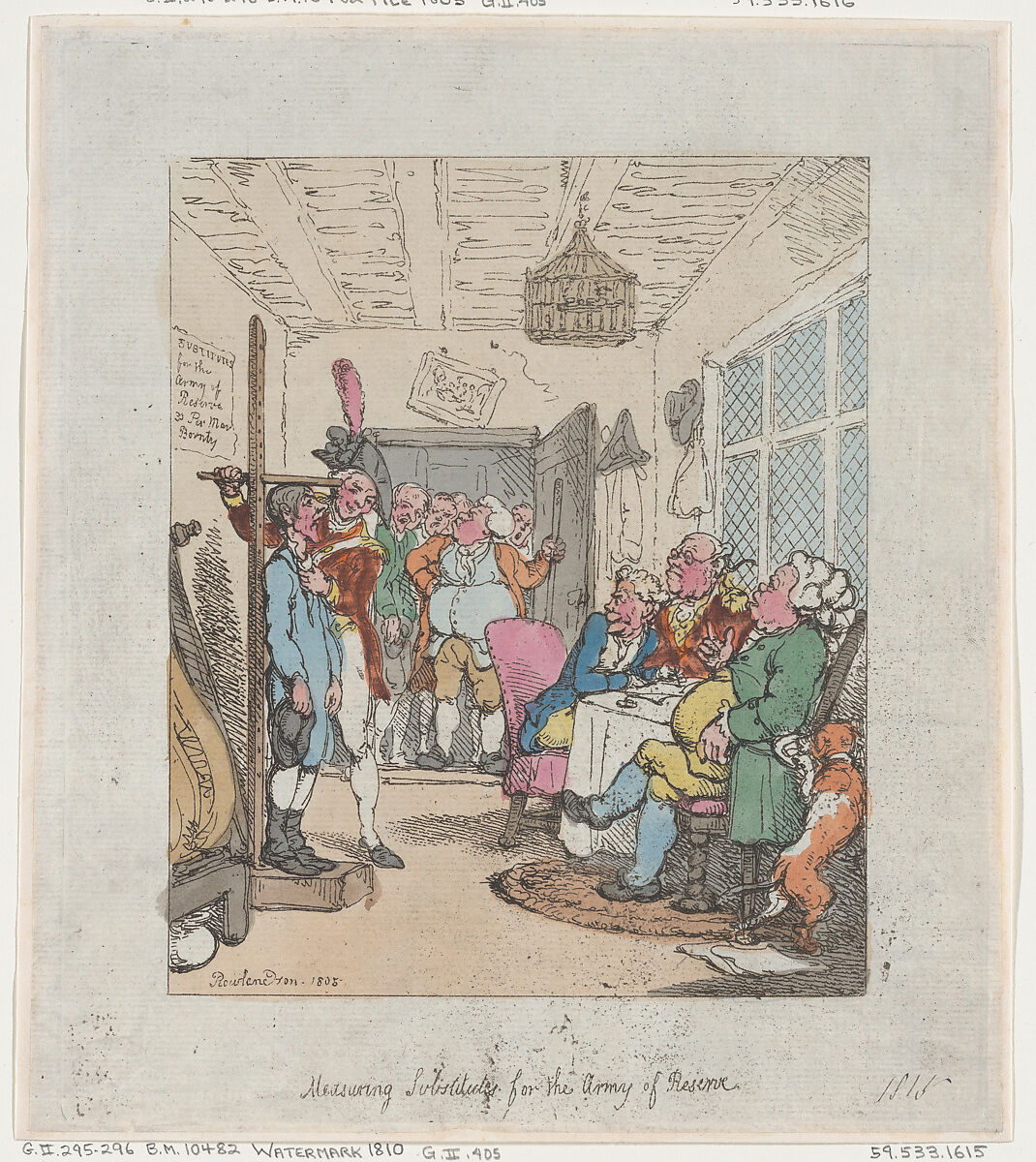 Measuring Substitutes for the Army of Reserve, Thomas Rowlandson (British, London 1757–1827 London), Hand-colored etching 