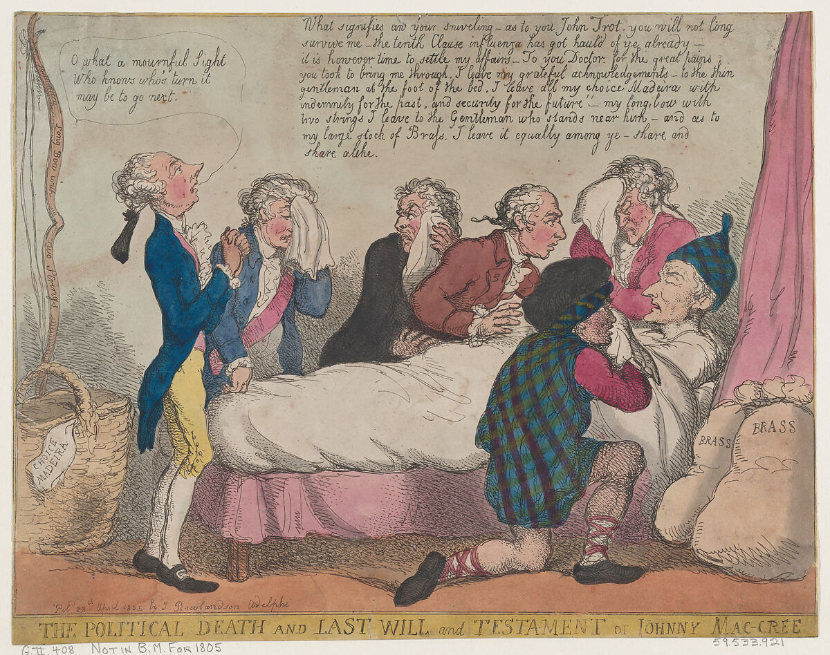 The Political Death and Last Will and Testament of Johnny Mac-Cree, Thomas Rowlandson (British, London 1757–1827 London), Hand-colored etching 
