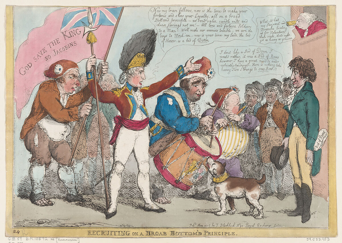Recruiting on a Broab [sic] Bottom'd Principle, Thomas Rowlandson (British, London 1757–1827 London), Hand-colored etching 