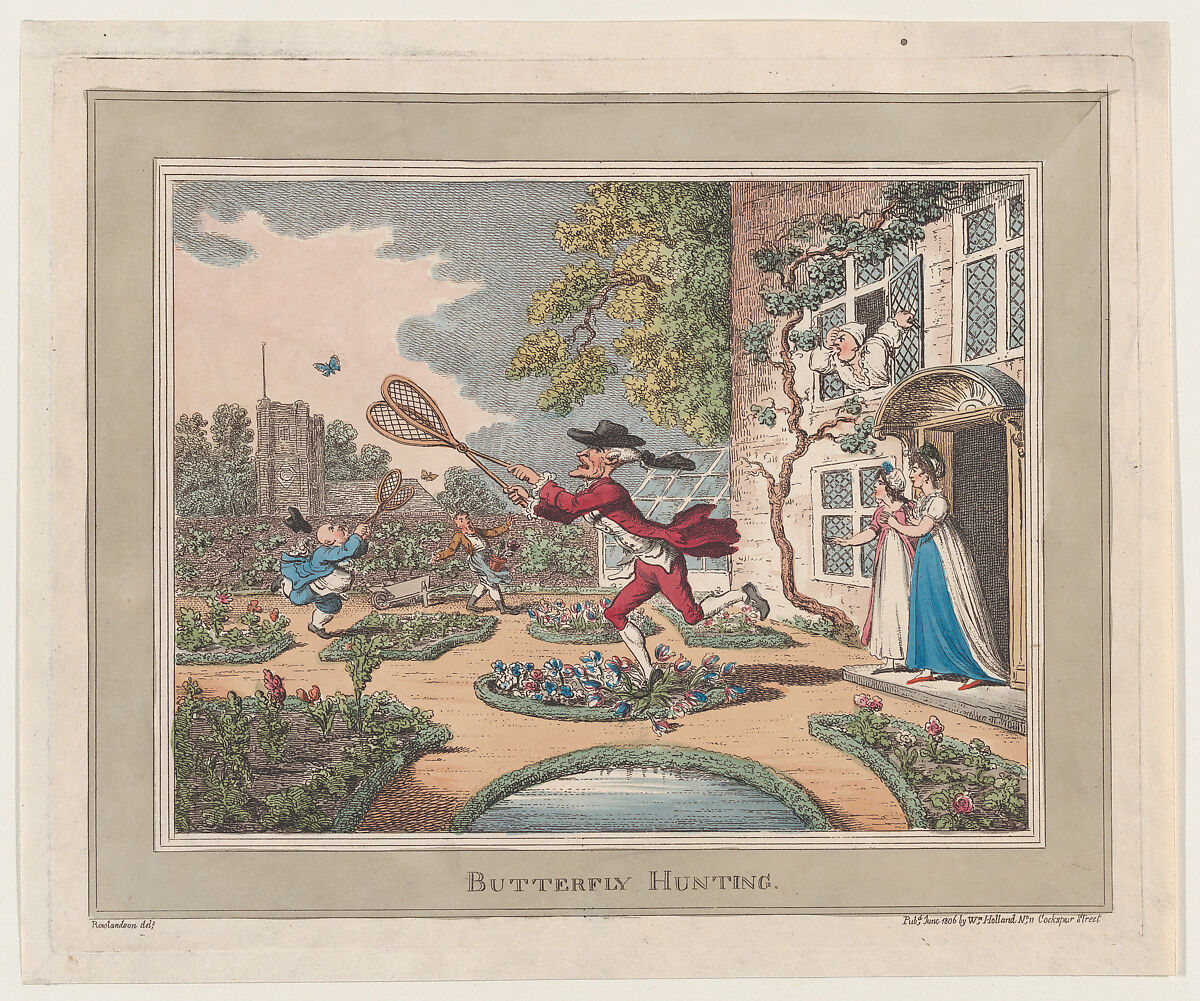 Butterfly Hunting, Thomas Rowlandson (British, London 1757–1827 London), Hand-colored etching 