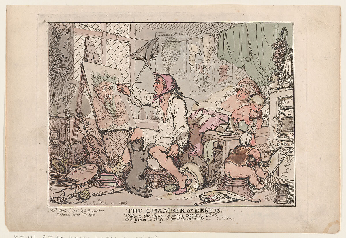 The Chamber of Genius, Thomas Rowlandson (British, London 1757–1827 London), Hand-colored etching 