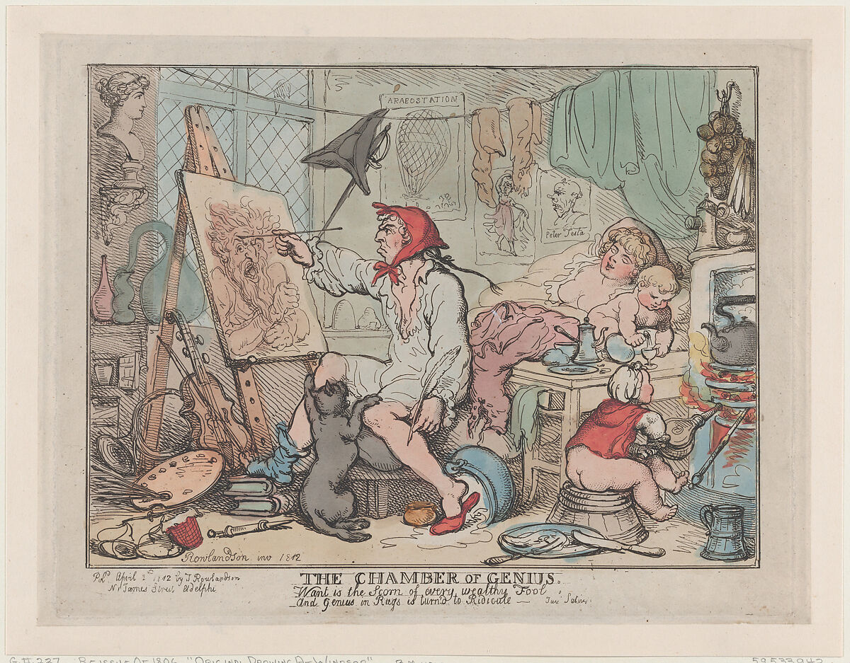 The Chamber of Genius, Thomas Rowlandson (British, London 1757–1827 London), Hand-colored etching 