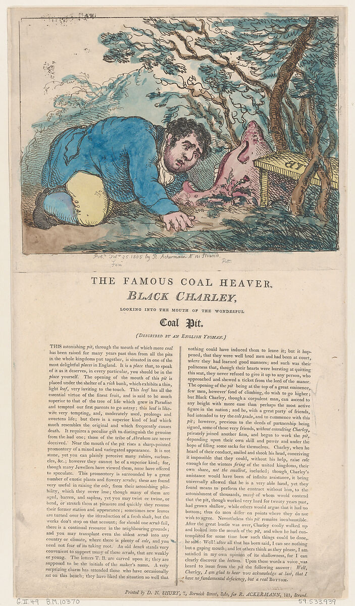 The Famous Coal Heaver Black Charley Looking into the Mouth of the Wonderful Coal Pit, Thomas Rowlandson (British, London 1757–1827 London), Hand-colored etching 