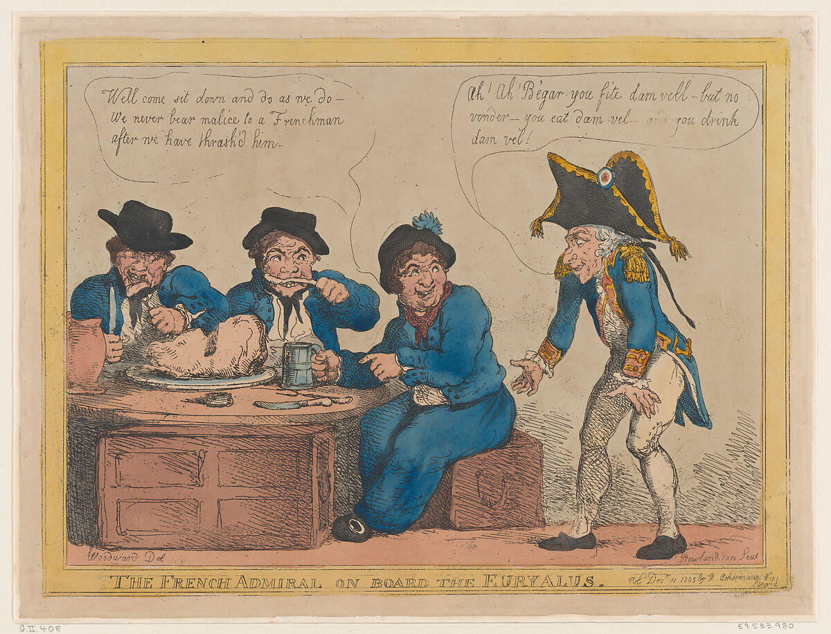 The French Admiral on Board the Eryalus, Thomas Rowlandson (British, London 1757–1827 London), Hand-colored etching 