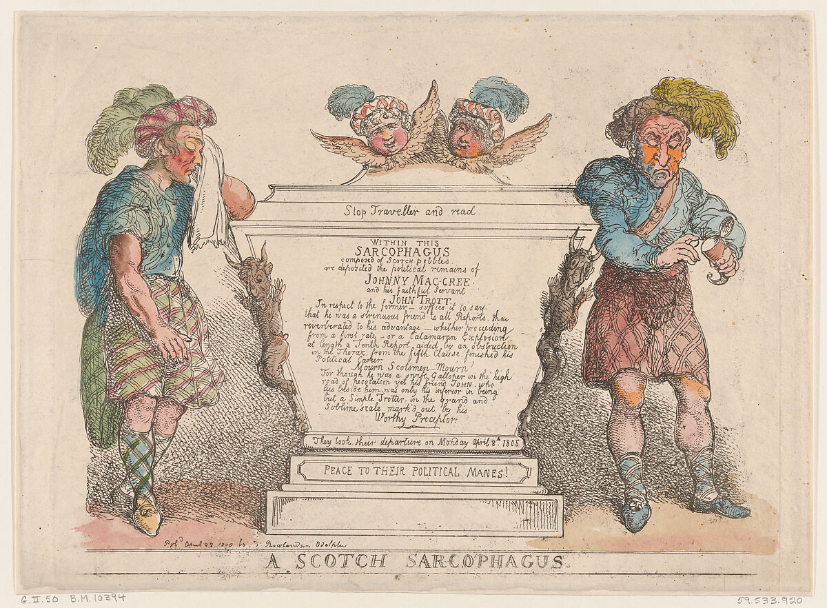 A Scotch Sarcophagus, Thomas Rowlandson (British, London 1757–1827 London), Hand-colored etching 