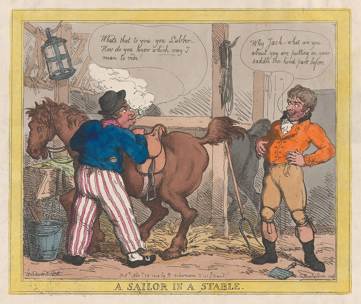 A Sailor in a Stable, Thomas Rowlandson (British, London 1757–1827 London), Hand-colored etching 