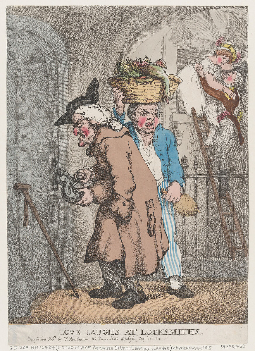 Love Laughs at Locksmiths, Thomas Rowlandson (British, London 1757–1827 London), Hand-colored etching 