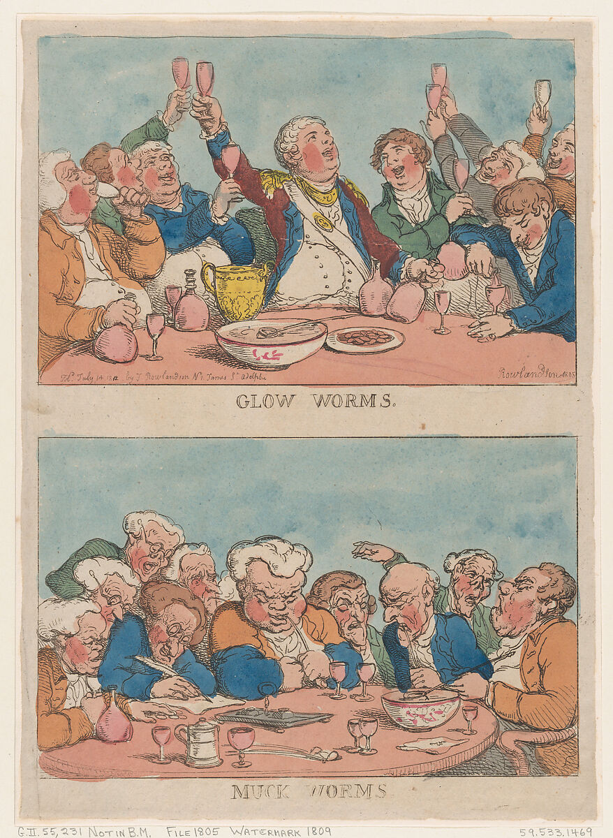 Glow Worms, Muck Worms, Thomas Rowlandson (British, London 1757–1827 London), Hand-colored etching 