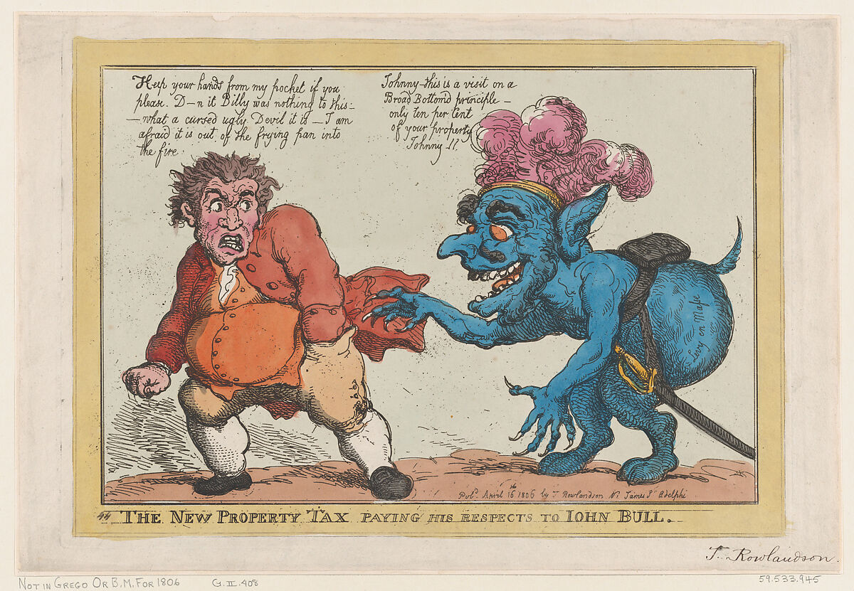 The New  Property Tax Paying His Respects To John Bull, Thomas Rowlandson (British, London 1757–1827 London), Hand-colored etching 