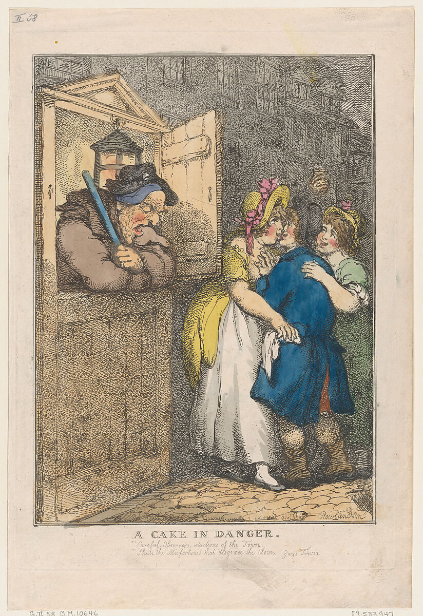 A Cake in Danger, Thomas Rowlandson (British, London 1757–1827 London), Hand-colored etching 