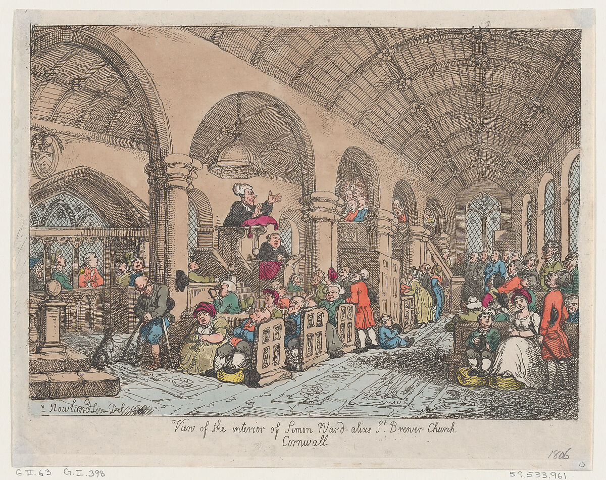 View of the Interior of Simon Ward Alias St Brewer Church Cornwall, Thomas Rowlandson (British, London 1757–1827 London), Hand-colored etching 