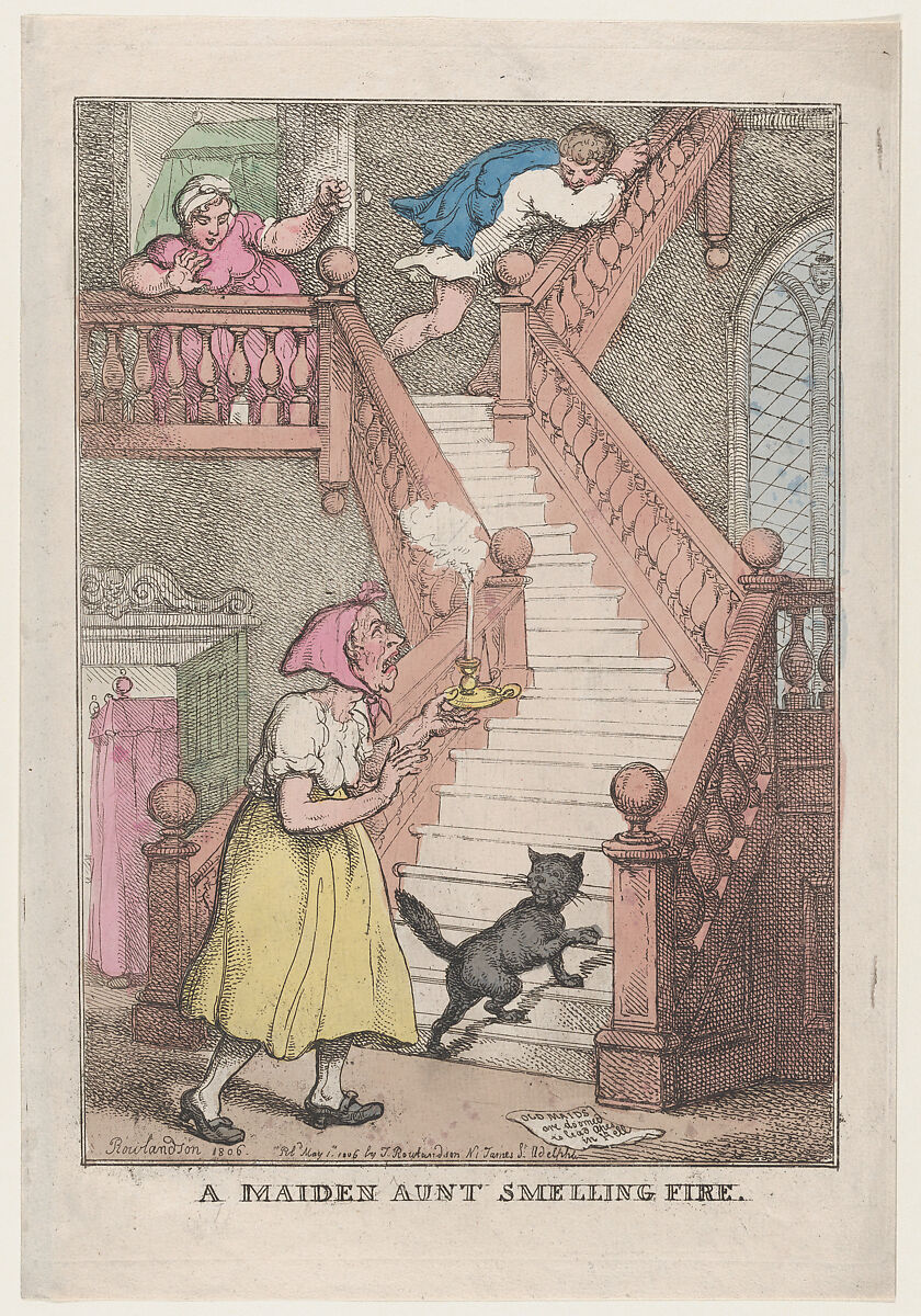 A Maiden Aunt Smelling Fire, Thomas Rowlandson (British, London 1757–1827 London), Hand-colored etching 