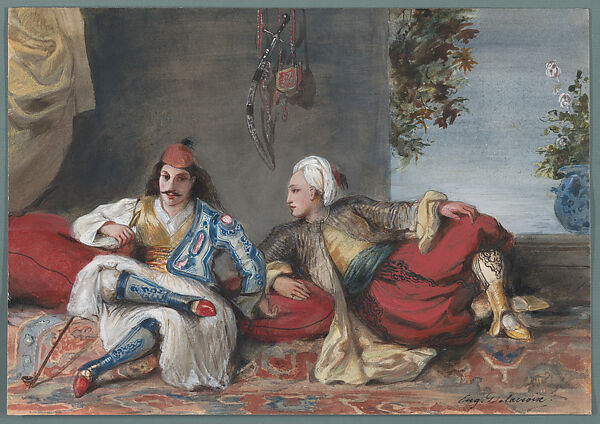 A Greek and a Turk in an Interior, Eugène Delacroix (French, Charenton-Saint-Maurice 1798–1863 Paris), Watercolor on paper 