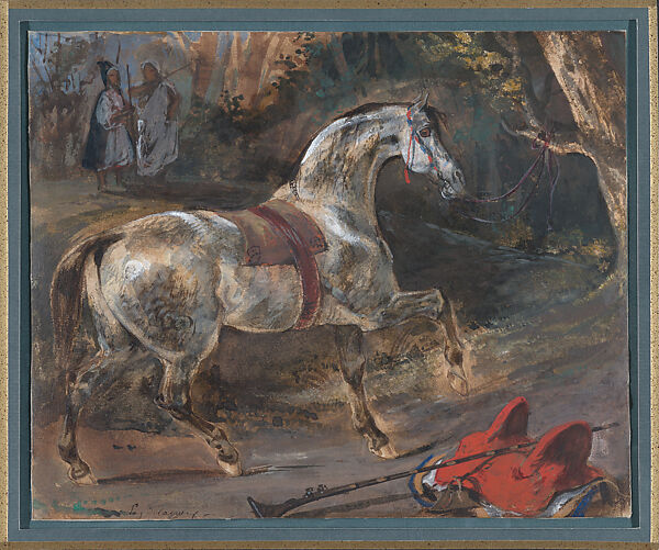 Startled Arabian Horse in a Landscape, Eugène Delacroix (French, Charenton-Saint-Maurice 1798–1863 Paris), Watercolor and gouache with gum arabic on paper 