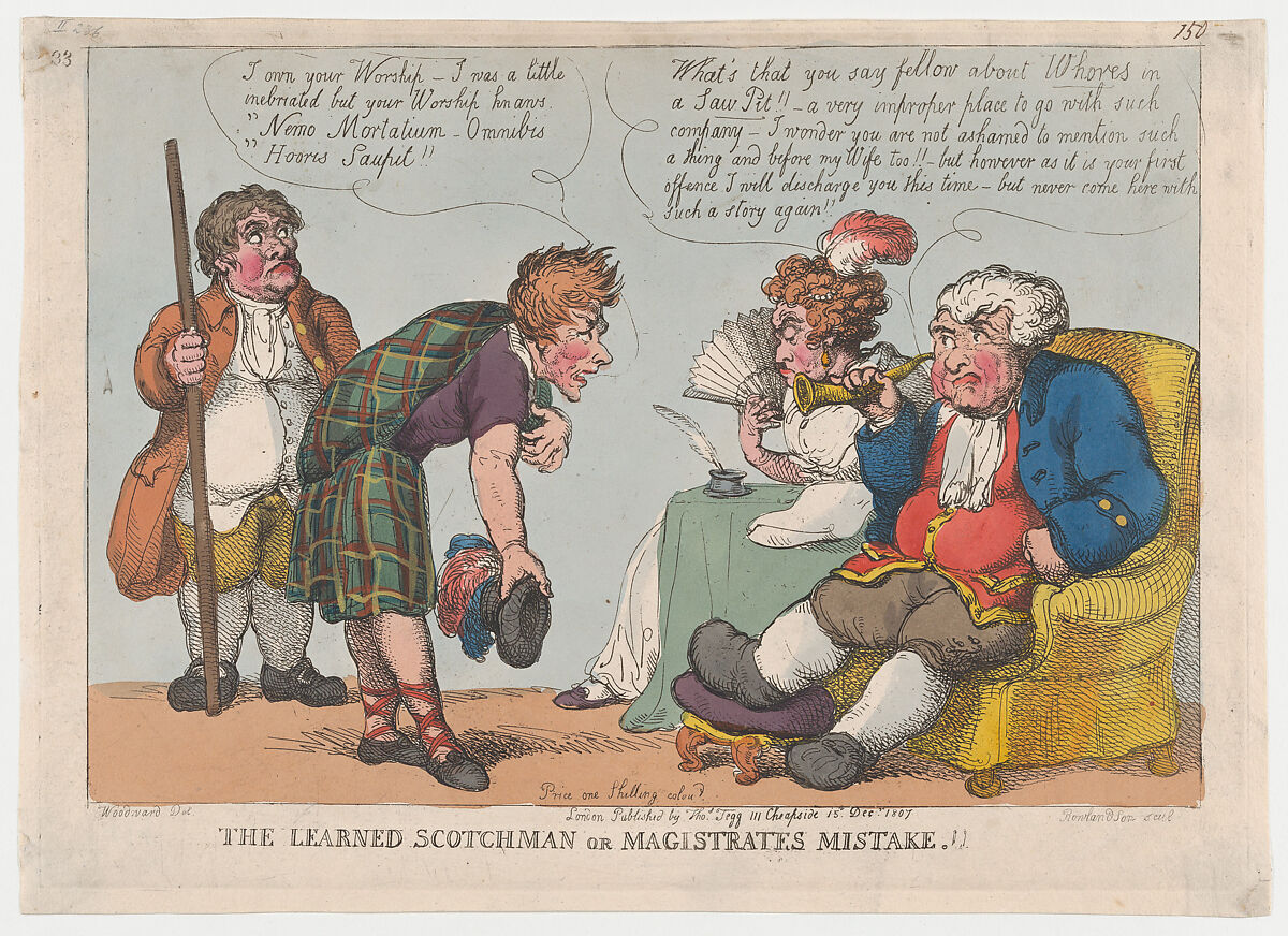 The Learned Scotchman, or Magistrates Mistake!, Thomas Rowlandson (British, London 1757–1827 London), Hand-colored etching 