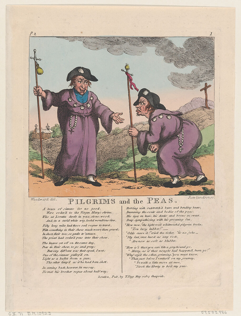Pilgrims and the Peas, Thomas Rowlandson (British, London 1757–1827 London), Hand-colored etching 