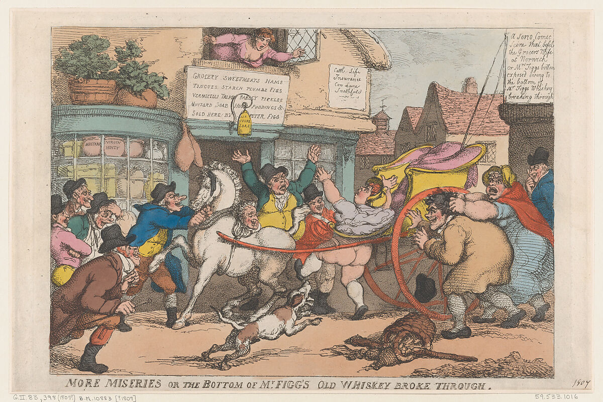 More Miseries: The Bottom of Mr Figg's Old Whiskey Broke Through, Thomas Rowlandson (British, London 1757–1827 London), Hand-colored etching 