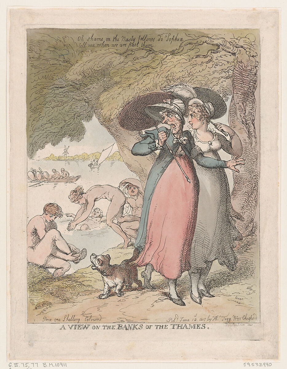 A View on the Banks of the Thames, Thomas Rowlandson (British, London 1757–1827 London), Hand-colored etching 