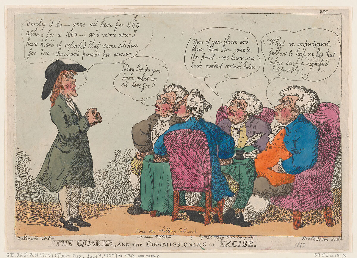 The Quaker, and the Commissioners of Excise, Thomas Rowlandson (British, London 1757–1827 London), Hand-colored etching 