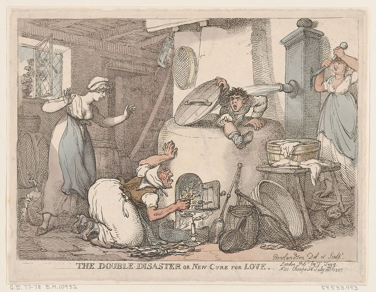 The Double Disaster, or New Cure for Love, Thomas Rowlandson (British, London 1757–1827 London), Hand-colored etching 
