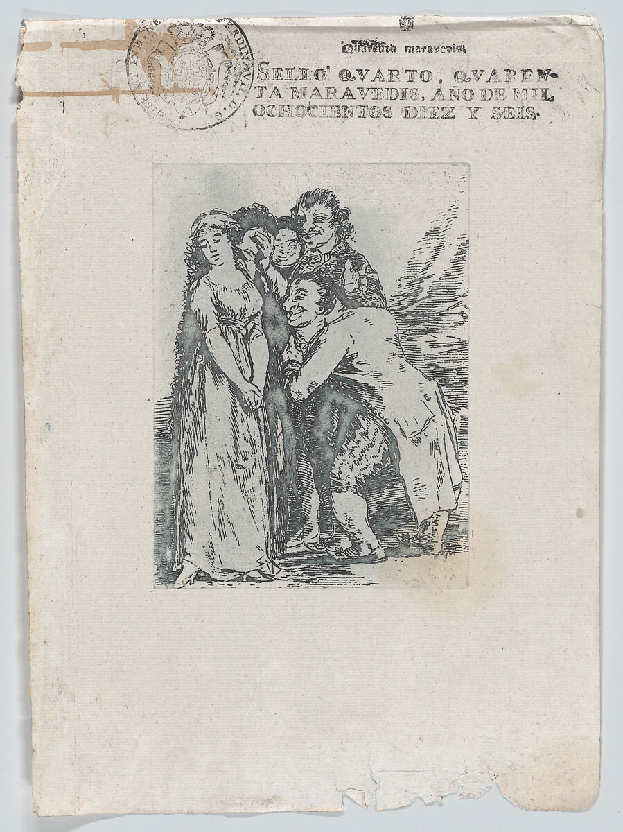 Reproduction in reverse of Goya's Sueño drawing that was preparatory for Plate 14 from Los Caprichos, 'What a sacrifice', a young woman surrounded by a group of men, which includes her fiancé, a rich hunchback, After Goya (Francisco de Goya y Lucientes) (Spanish, Fuendetodos 1746–1828 Bordeaux), Heliogravure with traces of green watercolor 