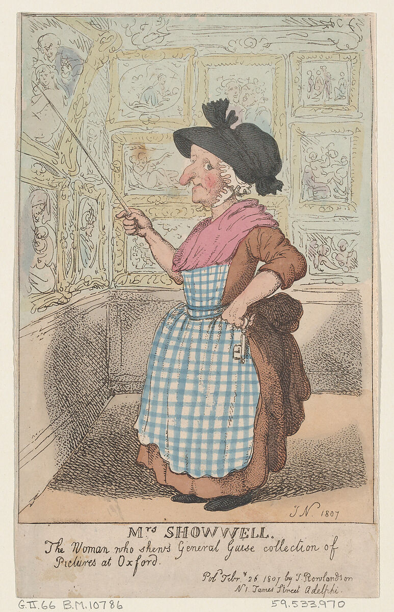 Mrs. Showell, the Woman who shows General Guise's Collection of Pictures at Oxford, Thomas Rowlandson (British, London 1757–1827 London), Hand-colored etching 