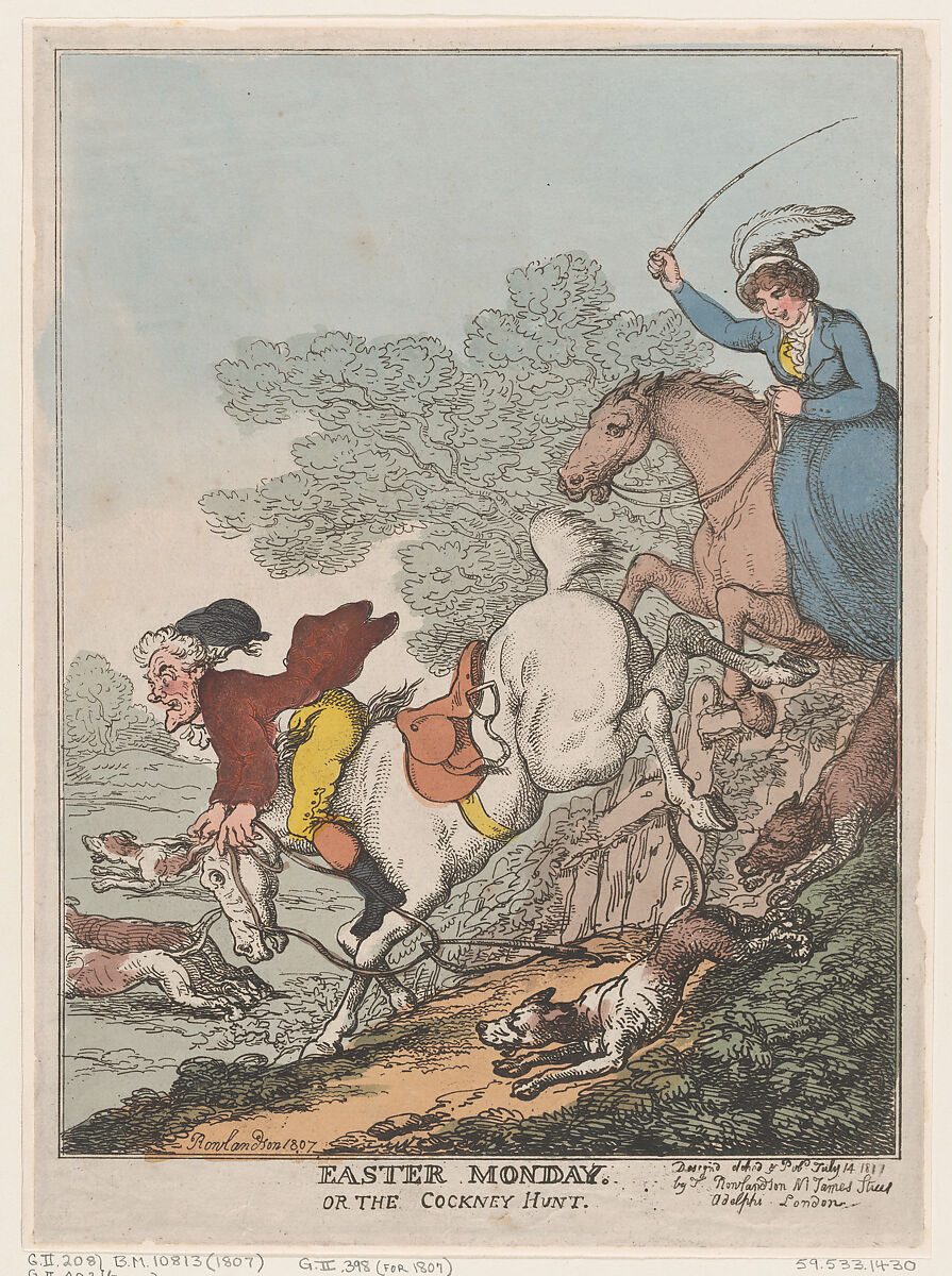 Easter Monday, or The Cockney Hunt, Thomas Rowlandson (British, London 1757–1827 London), Hand-colored etching 