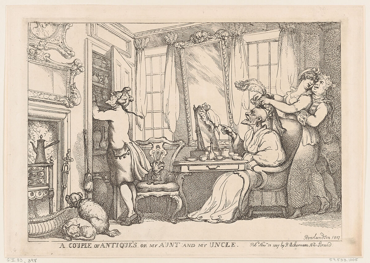 A Couple of Antiques or my Aunt and my Uncle, Thomas Rowlandson (British, London 1757–1827 London), Hand-colored etching 