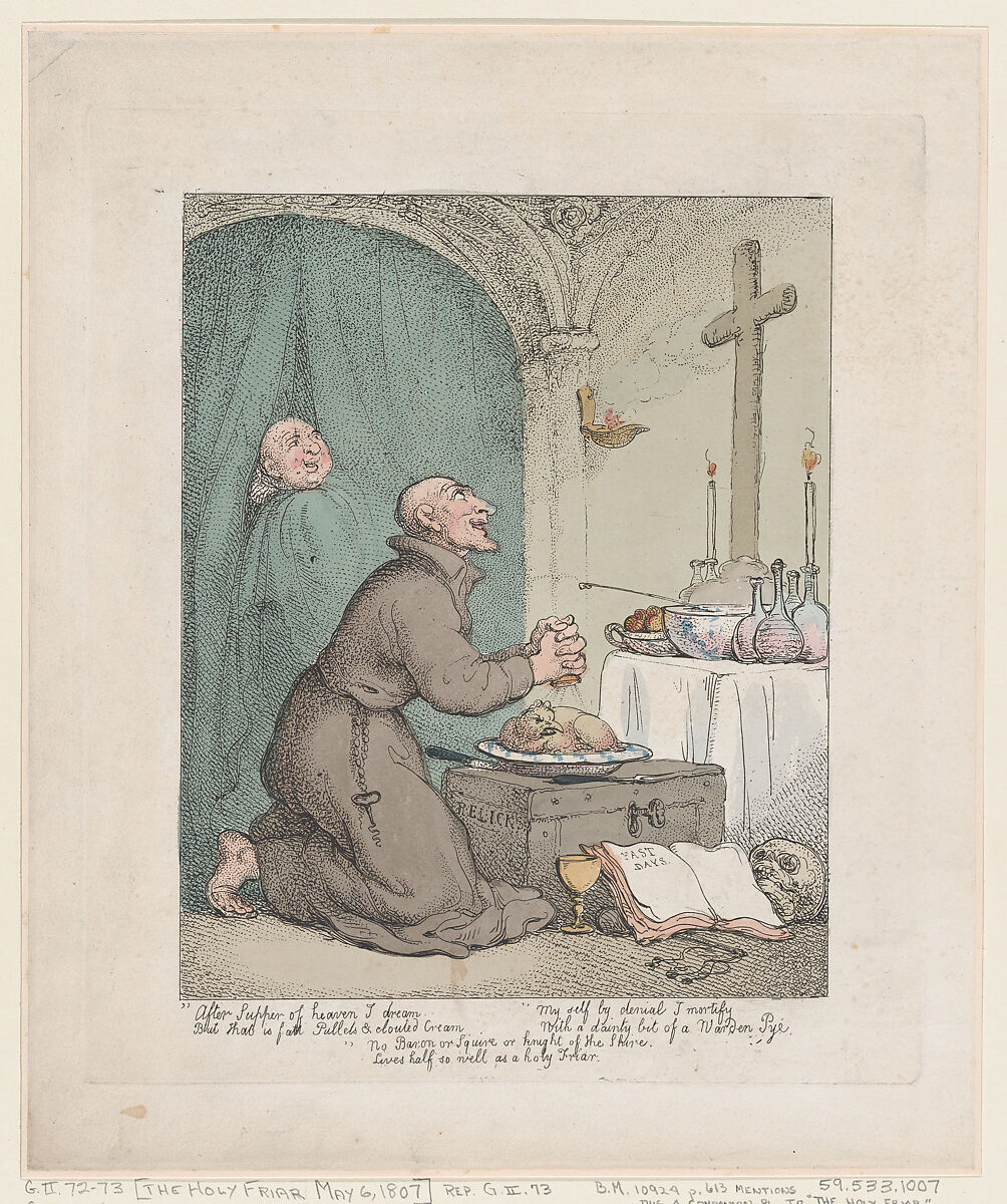 The Holy Friar, Thomas Rowlandson (British, London 1757–1827 London), Hand-colored etching 