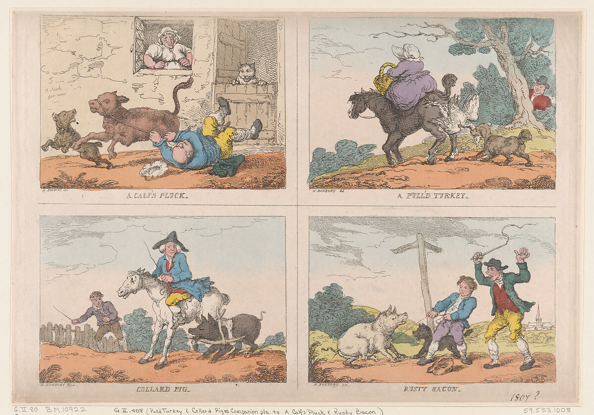 Pull'd Turkey, Collard Pig,  A Calf's Pluck and Rusty Bacon, Thomas Rowlandson (British, London 1757–1827 London), Hand-colored etching 