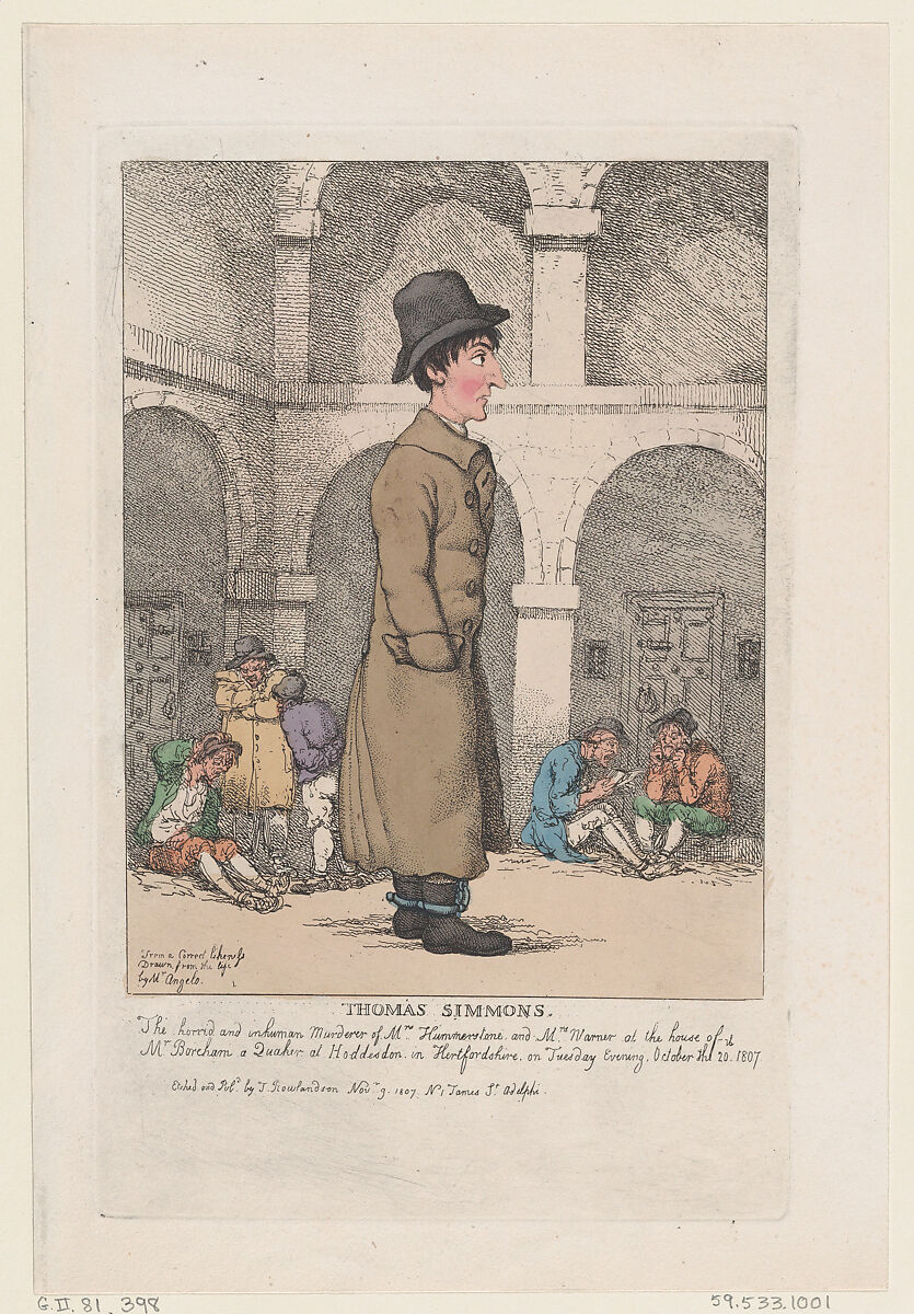 Thomas Simmons, Thomas Rowlandson (British, London 1757–1827 London), Hand-colored etching and stipple 