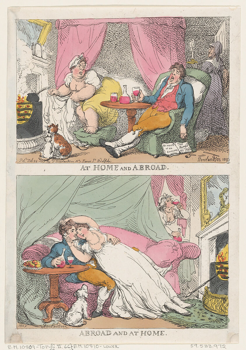 At Home and Abroad, Abroad and At Home, Thomas Rowlandson (British, London 1757–1827 London), Hand-colored etching 