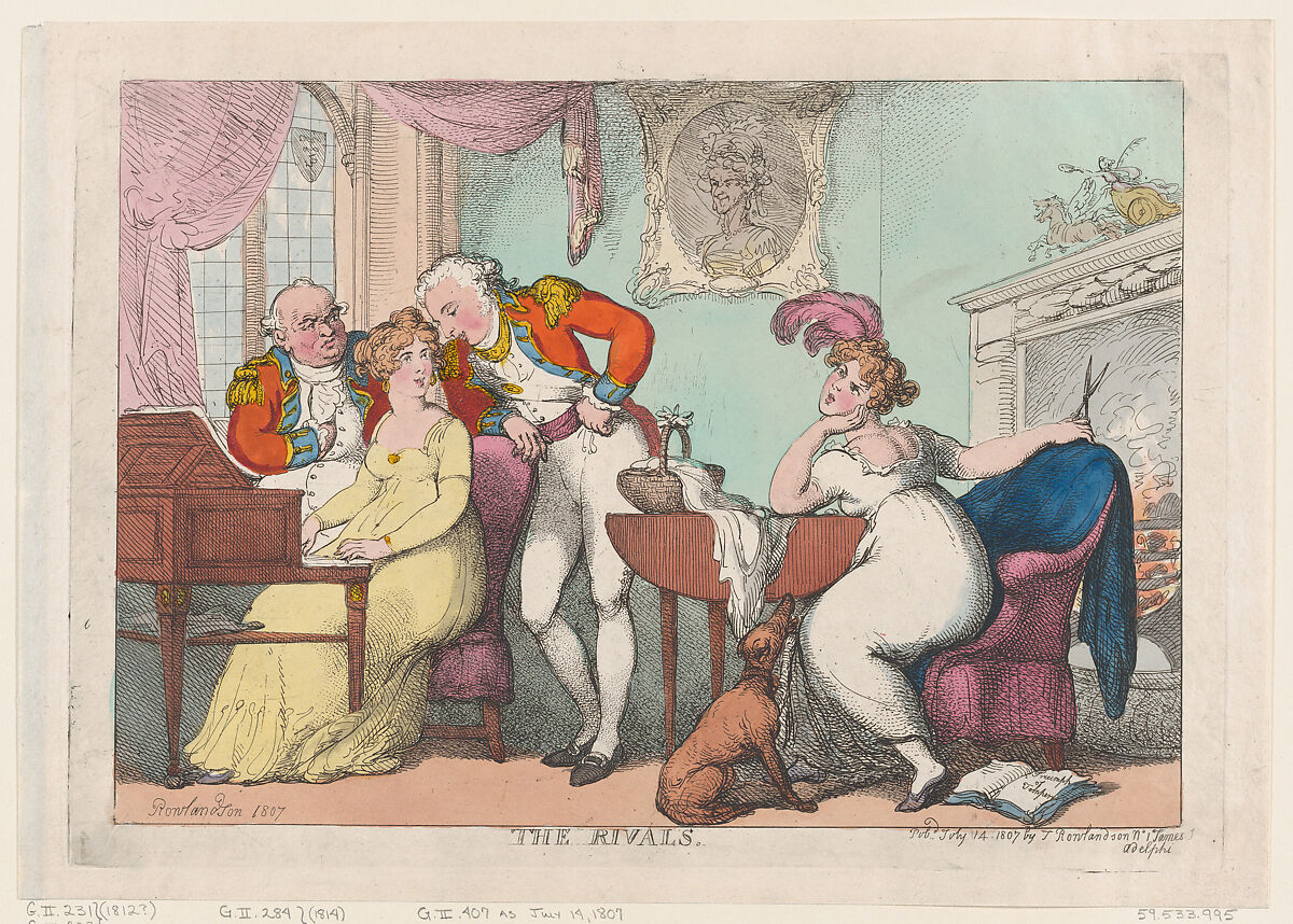 The Rivals, Thomas Rowlandson (British, London 1757–1827 London), Hand-colored etching 