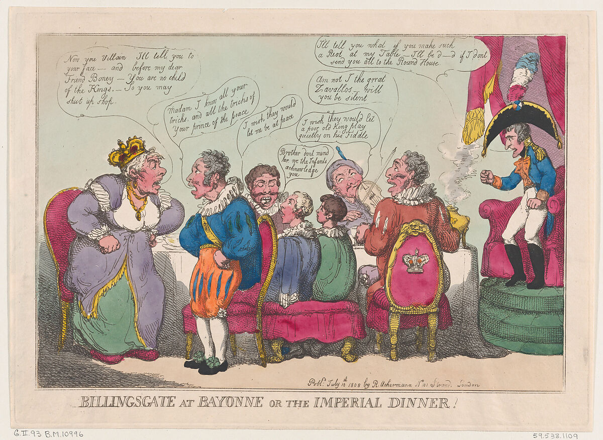 Billingsgate at Bayonne, or The Imperial Dinner!, Thomas Rowlandson (British, London 1757–1827 London), Hand-colored etching 