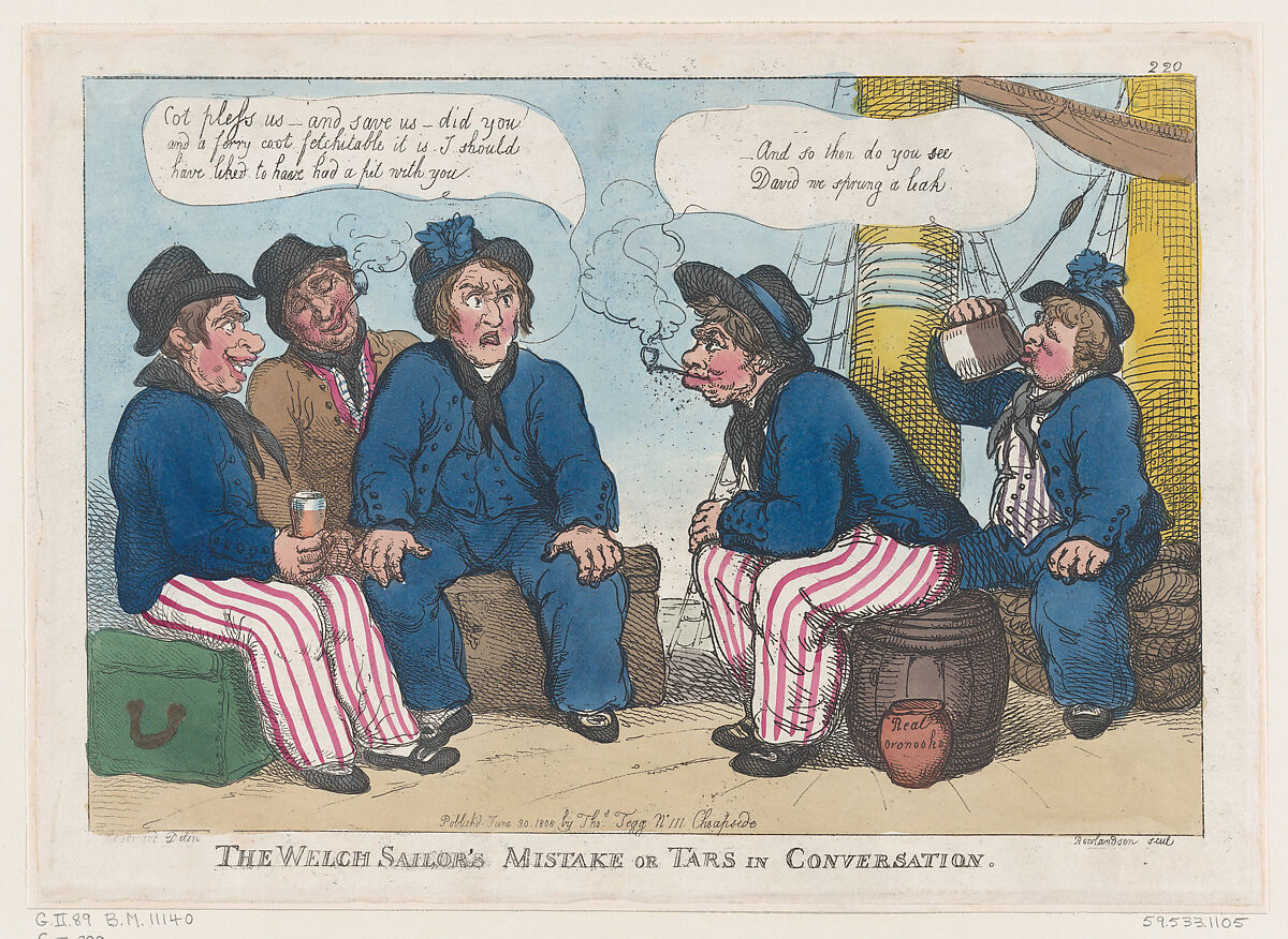 The Welsh Sailor's Mistake, or Tars in Conversation, Thomas Rowlandson (British, London 1757–1827 London), Hand-colored etching 